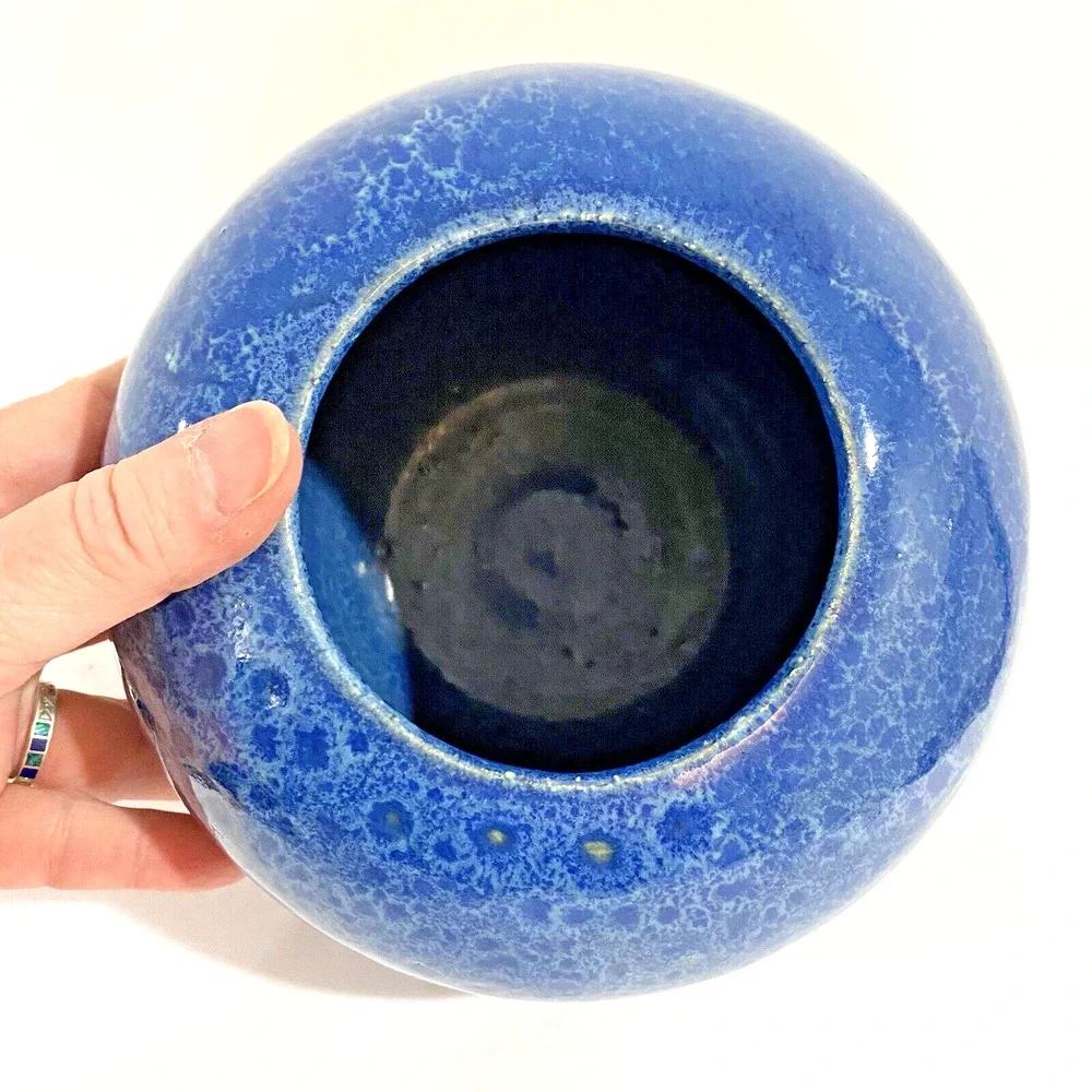 Studio pottery flower pot vase planter deep blue ovoid organic cottage farmhouse